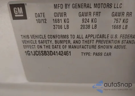 2013 Chevrolet Sonic Lt Auto из США, поврежденный, VIN 1G1JC6SB3D4142461